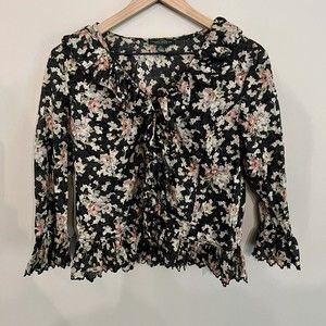 Lauren Ralph Lauren Floral Ruffle Button Up Blouse Size Medium Gray Pink